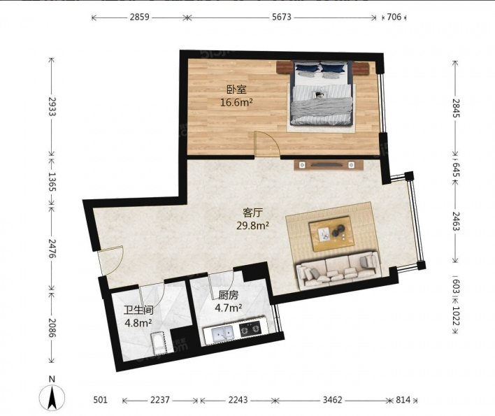 远洋天地|1室1厅1卫1阳台|82.75平米|东北|21/24层